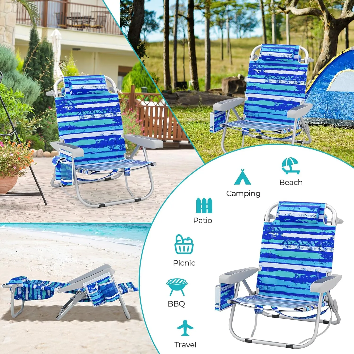 Goplus Beach Chair, 330lbs Folding Backpack Chairs for Adults with 5-Position Backrest, Storage Pockets, Towel Bar & Headrest, Foldable Low Beach Lounge, Portable Aluminum Lay Flat Camping Chair