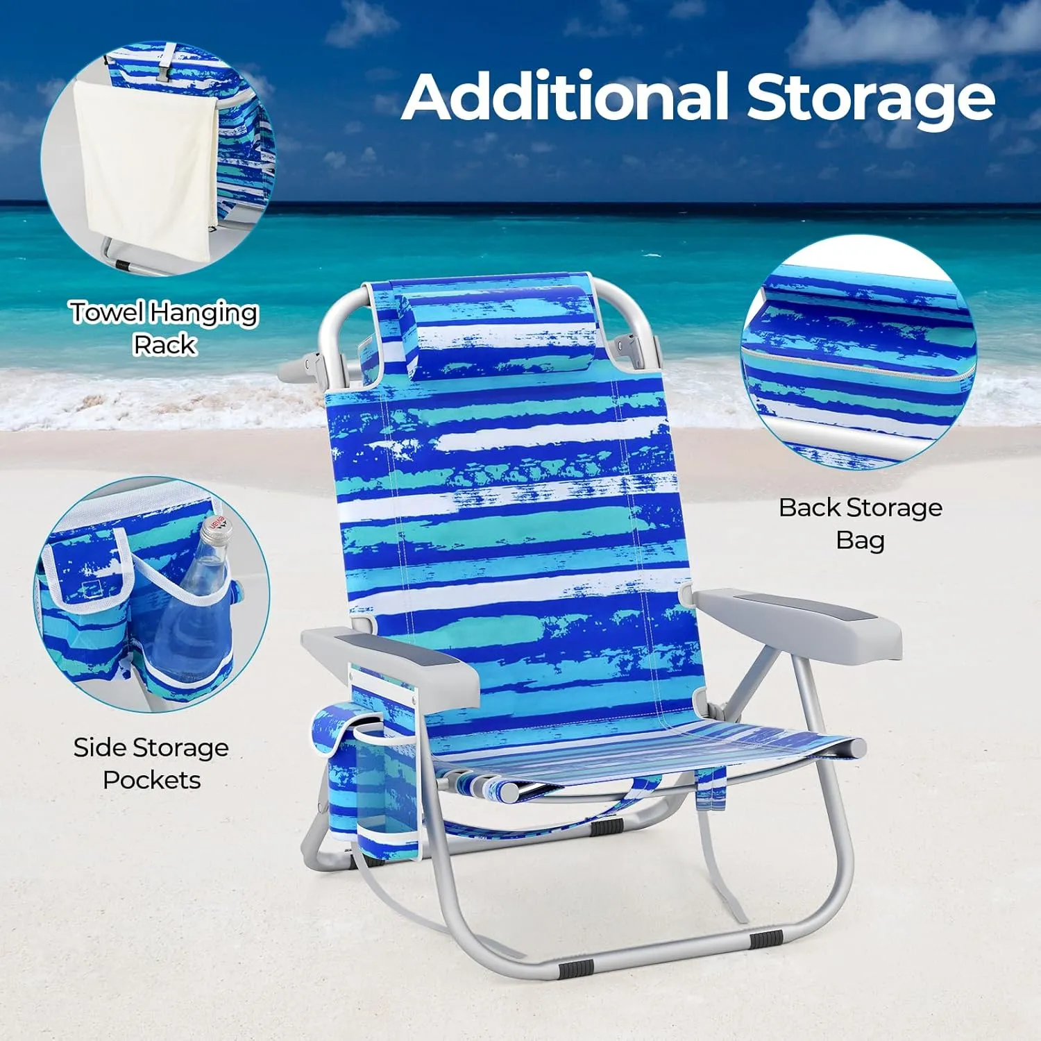 Goplus Beach Chair, 330lbs Folding Backpack Chairs for Adults with 5-Position Backrest, Storage Pockets, Towel Bar & Headrest, Foldable Low Beach Lounge, Portable Aluminum Lay Flat Camping Chair