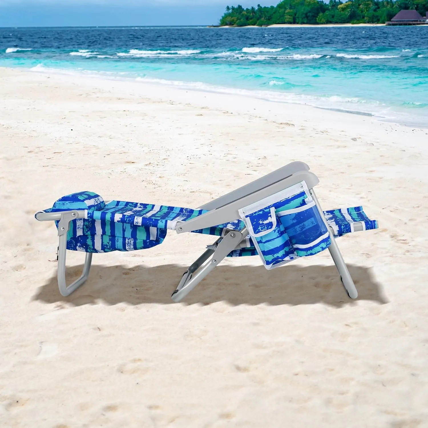 Goplus Beach Chair, 330lbs Folding Backpack Chairs for Adults with 5-Position Backrest, Storage Pockets, Towel Bar & Headrest, Foldable Low Beach Lounge, Portable Aluminum Lay Flat Camping Chair