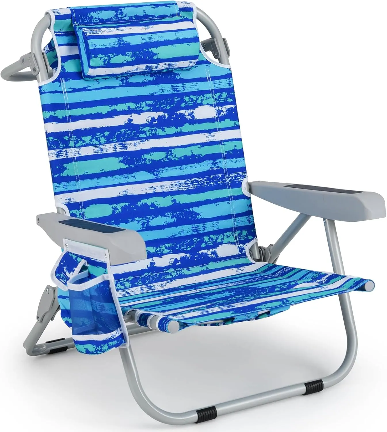 Goplus Beach Chair, 330lbs Folding Backpack Chairs for Adults with 5-Position Backrest, Storage Pockets, Towel Bar & Headrest, Foldable Low Beach Lounge, Portable Aluminum Lay Flat Camping Chair