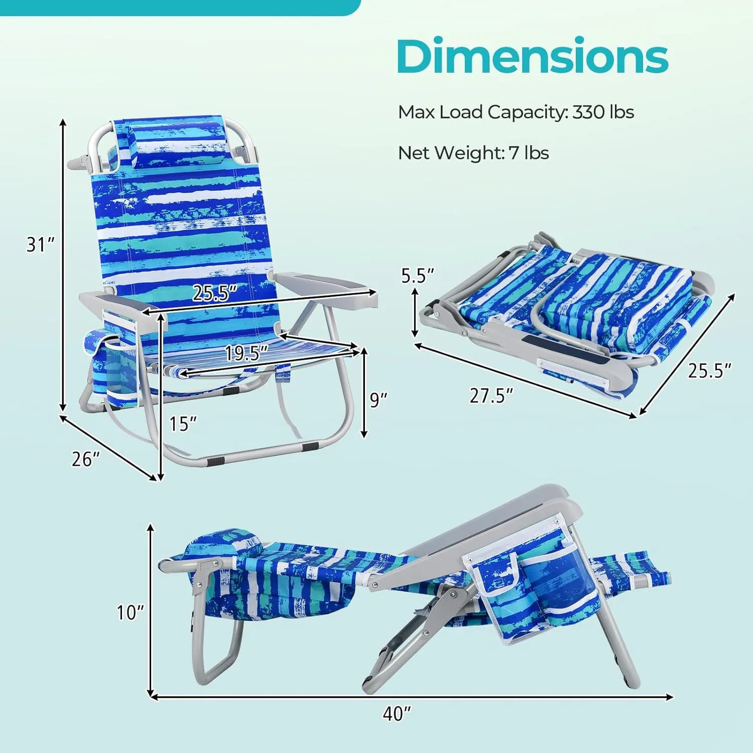 Goplus Beach Chair, 330lbs Folding Backpack Chairs for Adults with 5-Position Backrest, Storage Pockets, Towel Bar & Headrest, Foldable Low Beach Lounge, Portable Aluminum Lay Flat Camping Chair