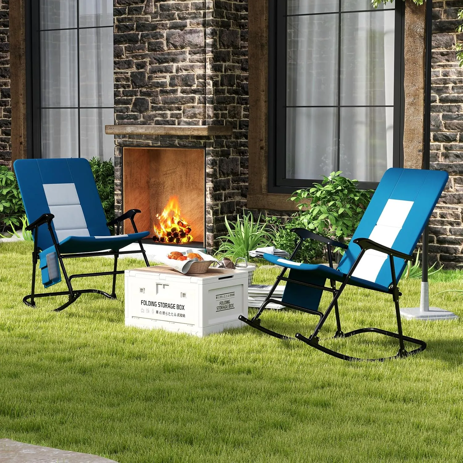 Goplus Oversized Folding Rocking Chair, Padded Patio Lounge Rocker w/Metal Frame, Armrests, Side Pocket, Lightweight Portable Rocking Chair for Backyard Camping Travel, Supports up to 500 lbs(1,Blue)