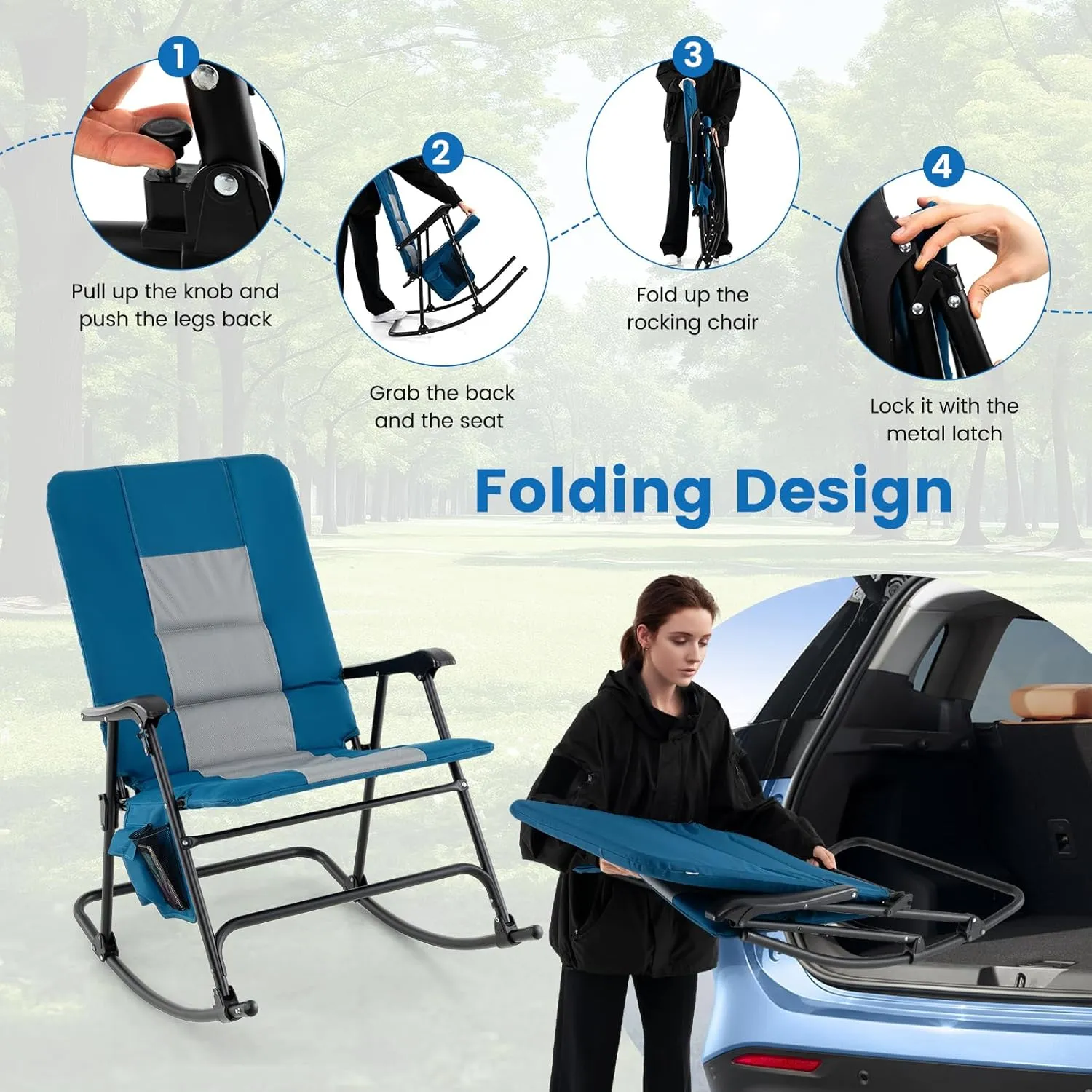 Goplus Oversized Folding Rocking Chair, Padded Patio Lounge Rocker w/Metal Frame, Armrests, Side Pocket, Lightweight Portable Rocking Chair for Backyard Camping Travel, Supports up to 500 lbs(1,Blue)