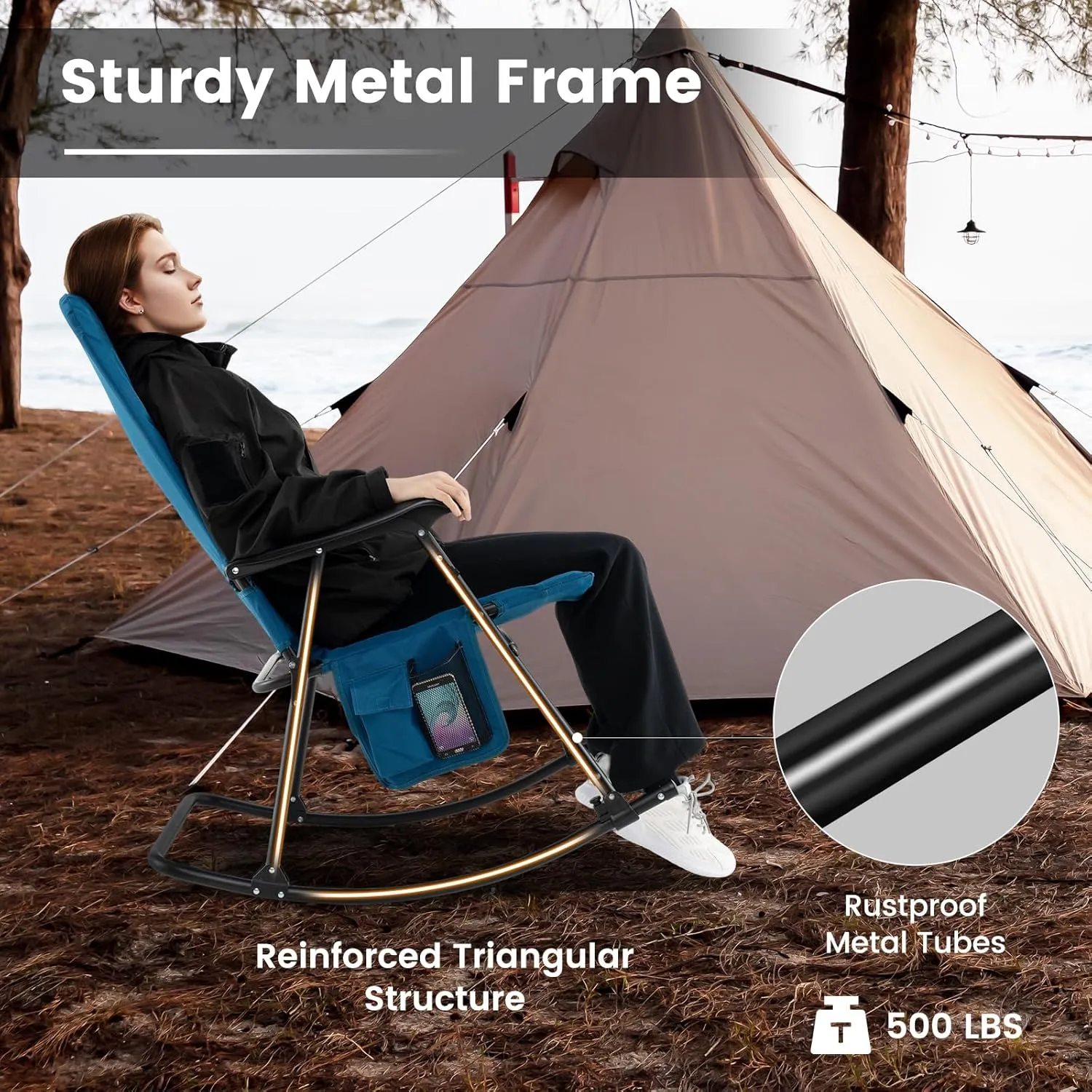 Goplus Oversized Folding Rocking Chair, Padded Patio Lounge Rocker w/Metal Frame, Armrests, Side Pocket, Lightweight Portable Rocking Chair for Backyard Camping Travel, Supports up to 500 lbs(1,Blue)