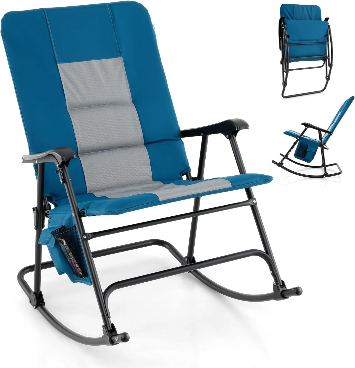 Goplus Oversized Folding Rocking Chair, Padded Patio Lounge Rocker w/Metal Frame, Armrests, Side Pocket, Lightweight Portable Rocking Chair for Backyard Camping Travel, Supports up to 500 lbs(1,Blue)