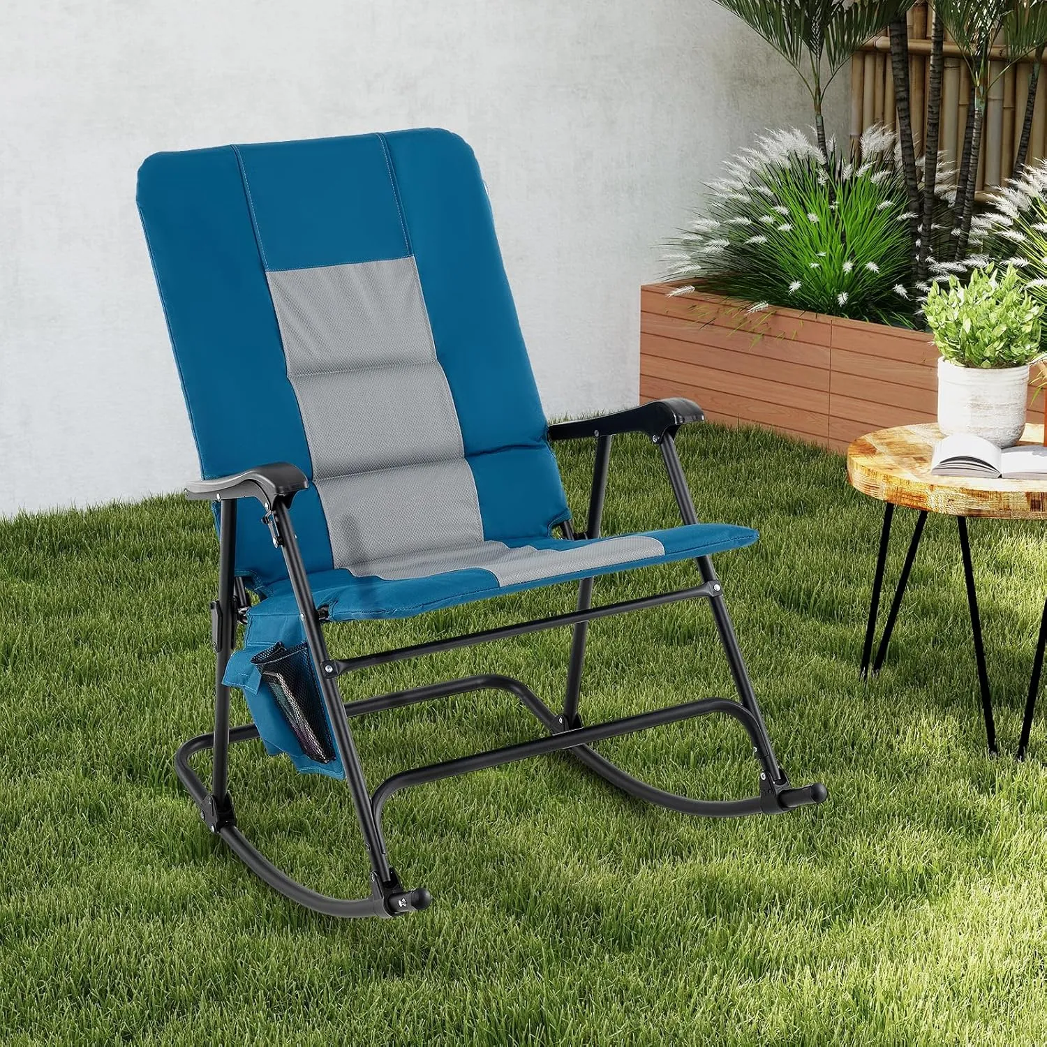 Goplus Oversized Folding Rocking Chair, Padded Patio Lounge Rocker w/Metal Frame, Armrests, Side Pocket, Lightweight Portable Rocking Chair for Backyard Camping Travel, Supports up to 500 lbs(1,Blue)