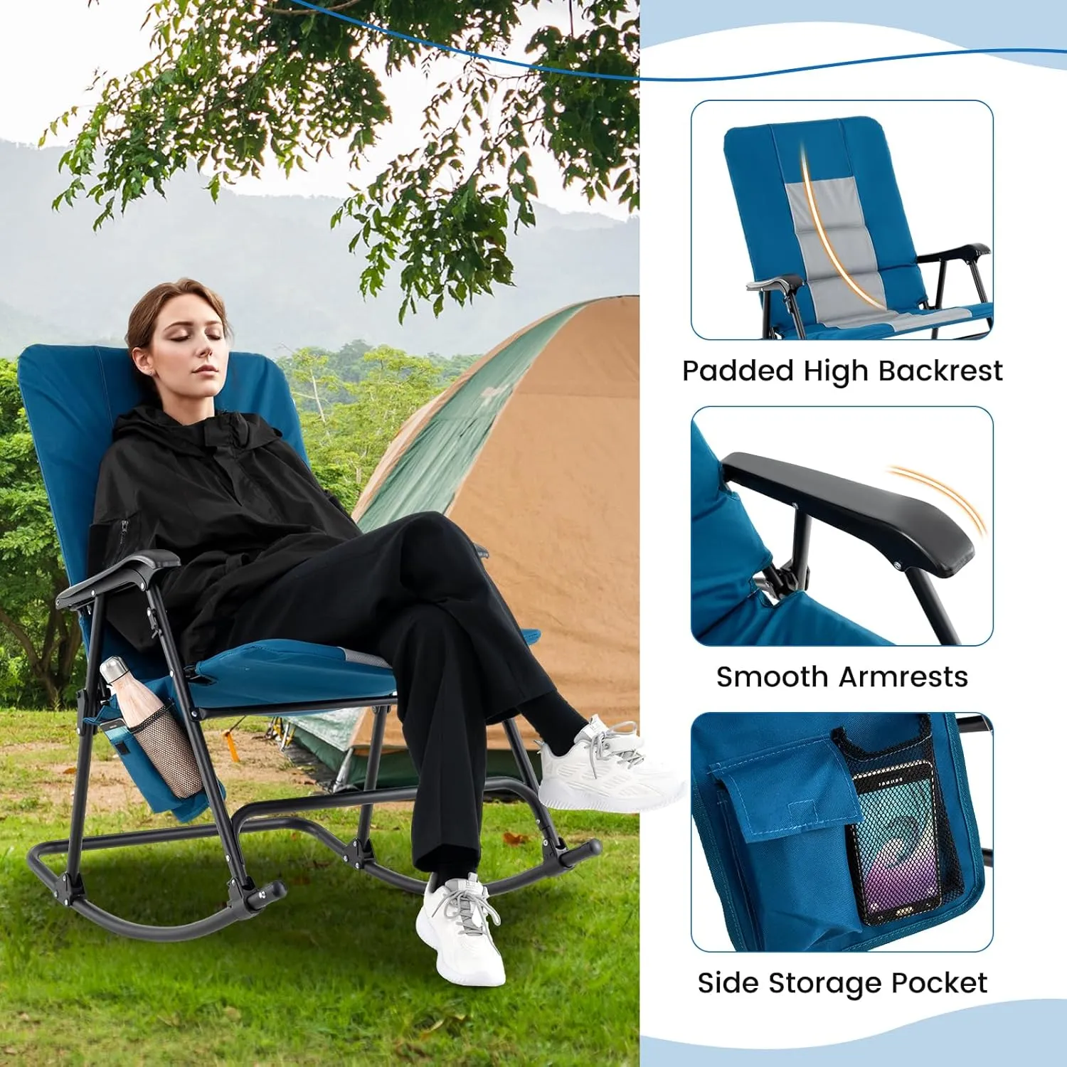 Goplus Oversized Folding Rocking Chair, Padded Patio Lounge Rocker w/Metal Frame, Armrests, Side Pocket, Lightweight Portable Rocking Chair for Backyard Camping Travel, Supports up to 500 lbs(1,Blue)