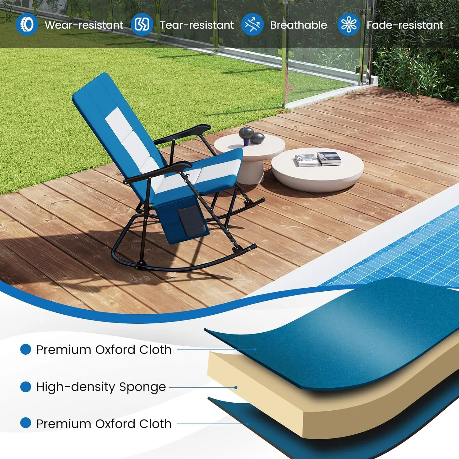 Goplus Oversized Folding Rocking Chair, Padded Patio Lounge Rocker w/Metal Frame, Armrests, Side Pocket, Lightweight Portable Rocking Chair for Backyard Camping Travel, Supports up to 500 lbs(1,Blue)
