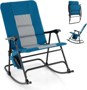 Goplus Oversized Folding Rocking Chair, Padded Patio Lounge Rocker w/Metal Frame, Armrests, Side Pocket, Lightweight Portable Rocking Chair for Backyard Camping Travel, Supports up to 500 lbs(1,Blue)