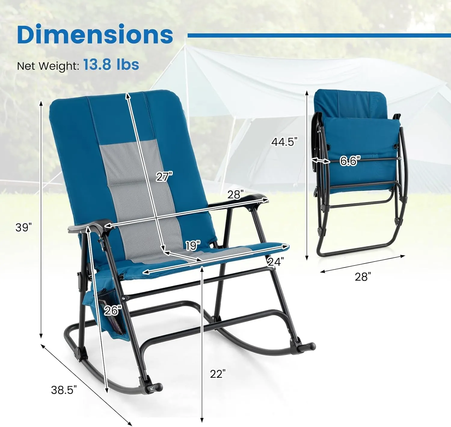 Goplus Oversized Folding Rocking Chair, Padded Patio Lounge Rocker w/Metal Frame, Armrests, Side Pocket, Lightweight Portable Rocking Chair for Backyard Camping Travel, Supports up to 500 lbs(1,Blue)