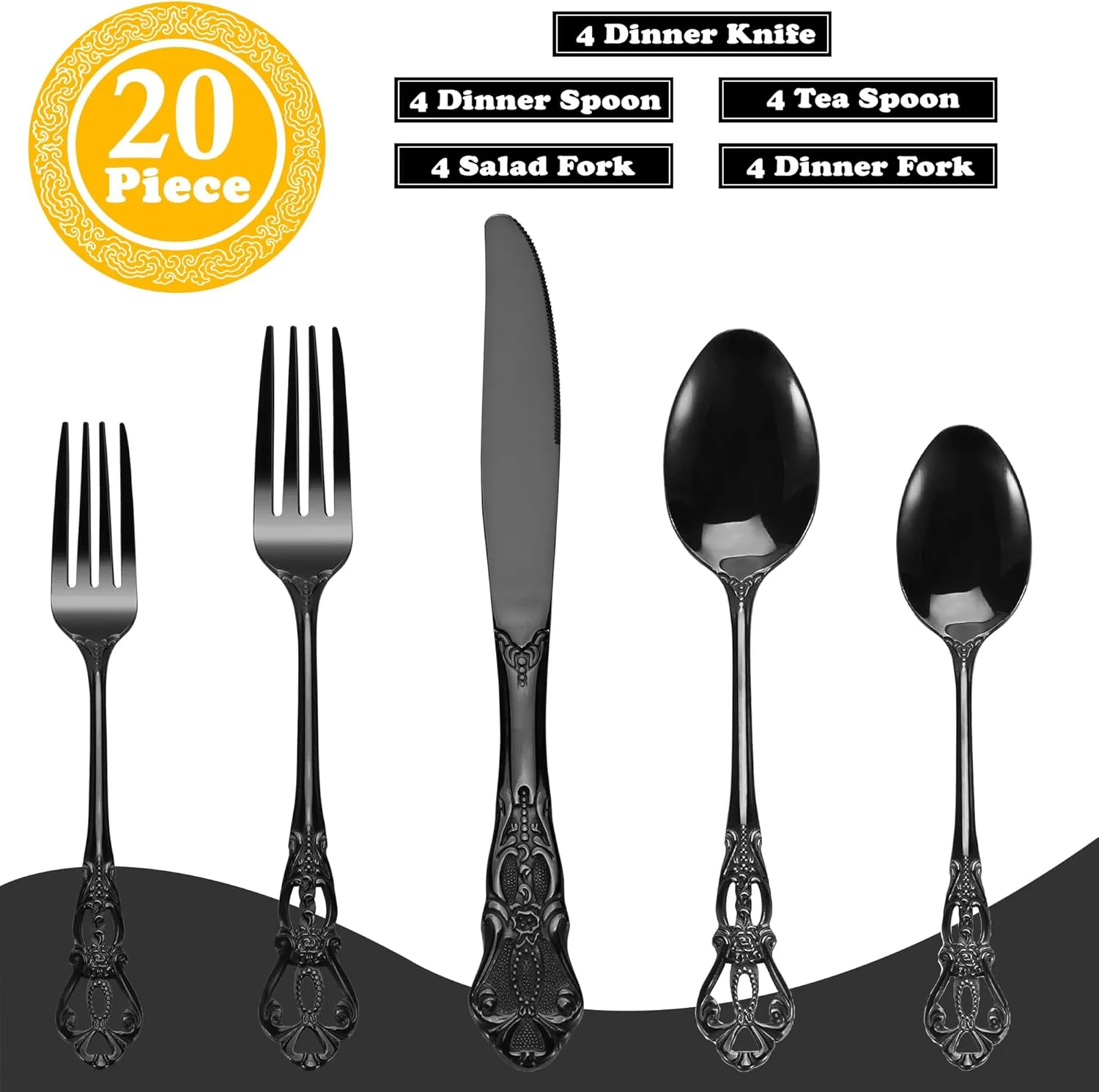 Gorgeous Retro Royal Black Stainless Steel 20 Pieces Flatware Set, Black Silverware Set, Anti-rust Stainless Steel dark Cutlery Set Utensils Including Fork Spoon and Knife