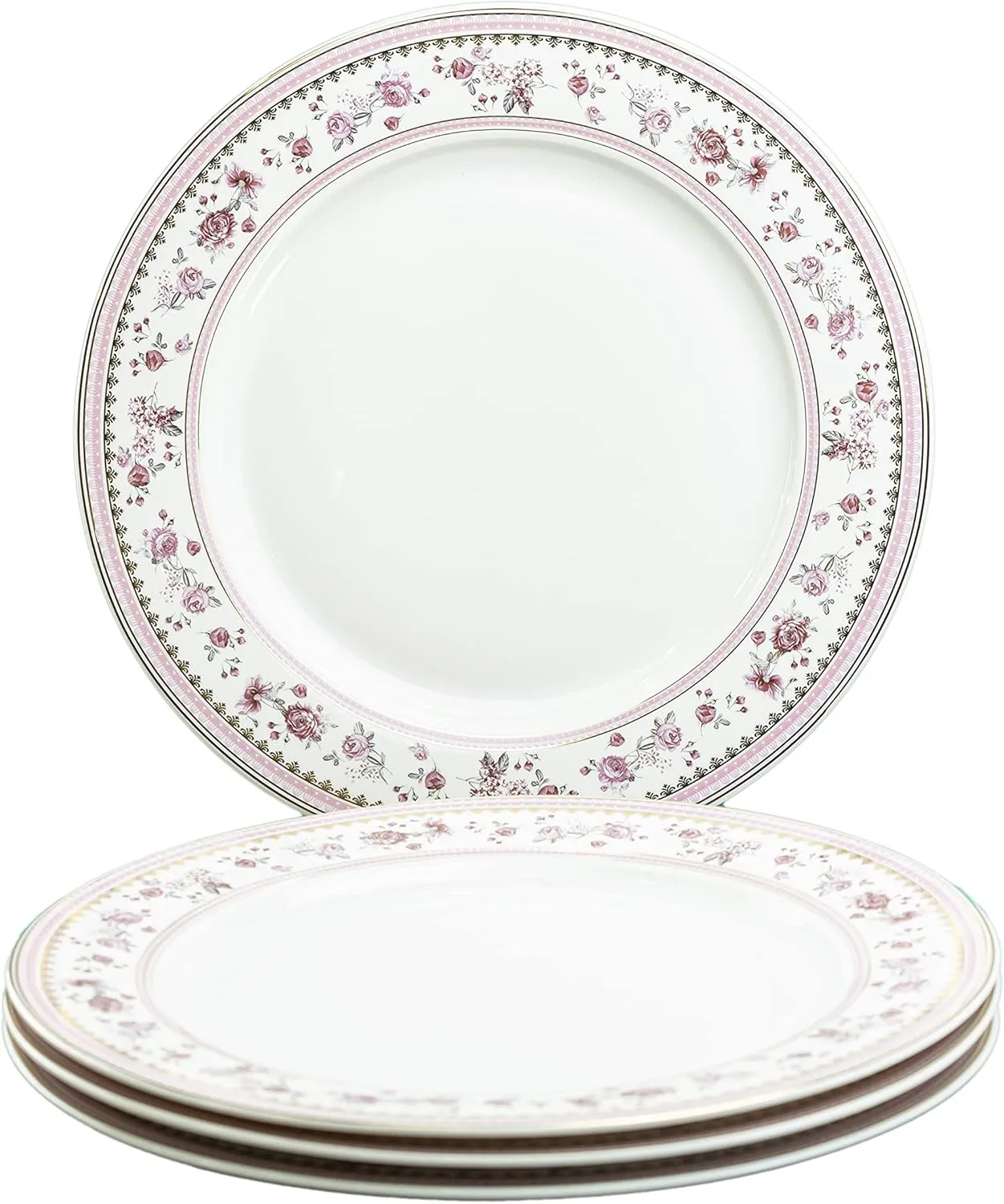 Gracie China by Coastline Imports Floral Border Set of 4 Plates, Pink Gold (10.5-inch)