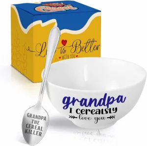 Grandpa Gifts, Christmas Grandpa Gift from Grandkids Cereal Bowl and Cereal Killer Spoon Set, Grandpa Christmas Grandparents Day Birthday Gift for Him Man Cerealsly Love You