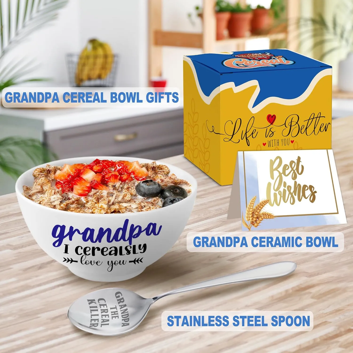 Grandpa Gifts, Christmas Grandpa Gift from Grandkids Cereal Bowl and Cereal Killer Spoon Set, Grandpa Christmas Grandparents Day Birthday Gift for Him Man Cerealsly Love You