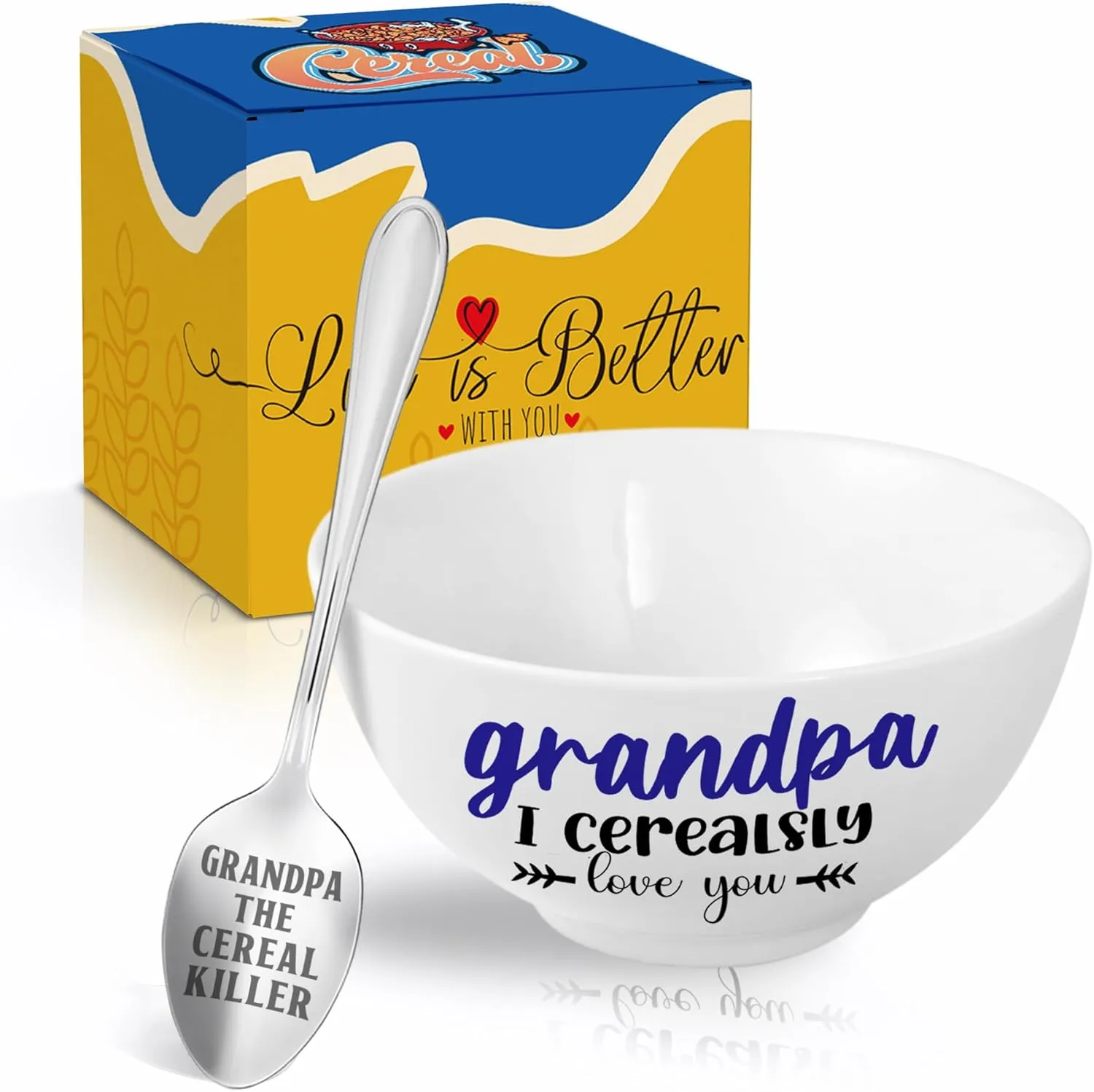 Grandpa Gifts, Christmas Grandpa Gift from Grandkids Cereal Bowl and Cereal Killer Spoon Set, Grandpa Christmas Grandparents Day Birthday Gift for Him Man Cerealsly Love You