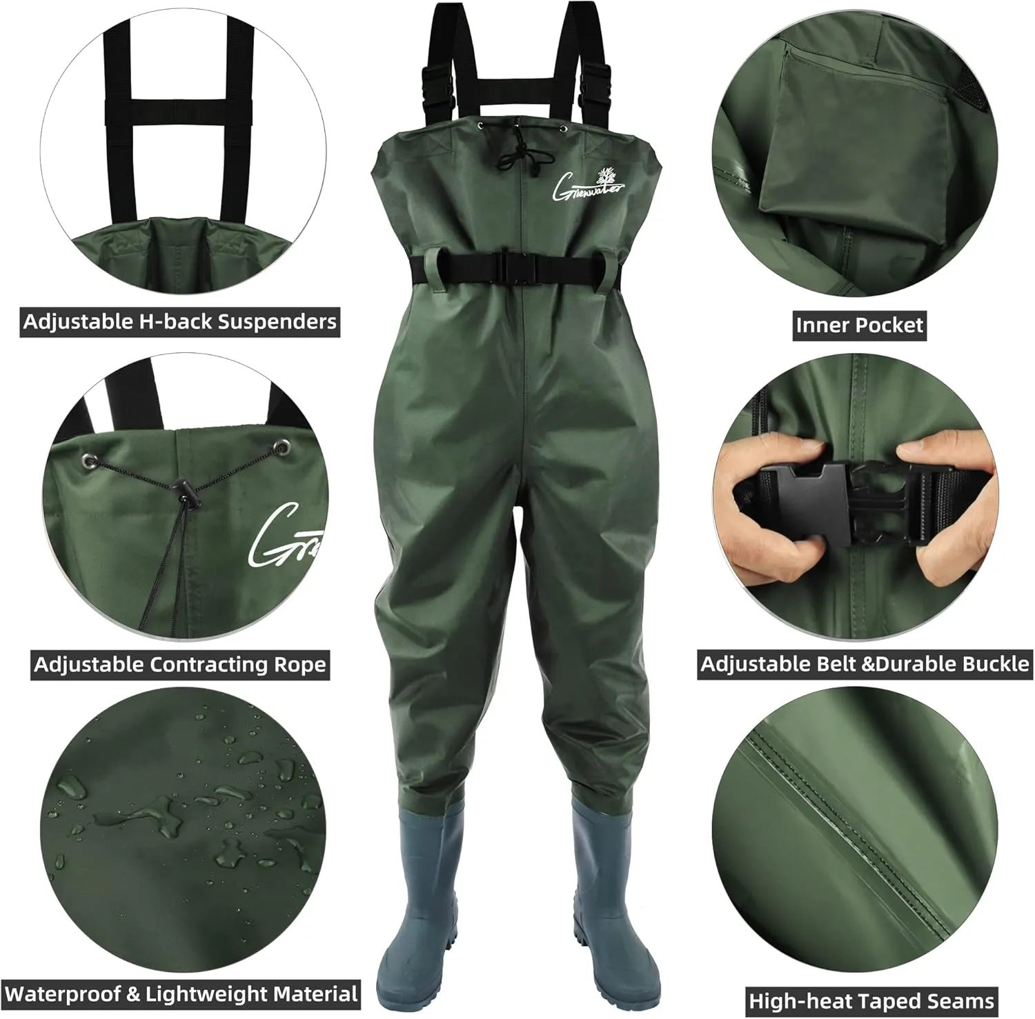 GREENWATER Fishing Chest Waders for Men Women with Boots Waterproof 2ply Nylon PVC Lightweight Bootfoot Waders for Hunting