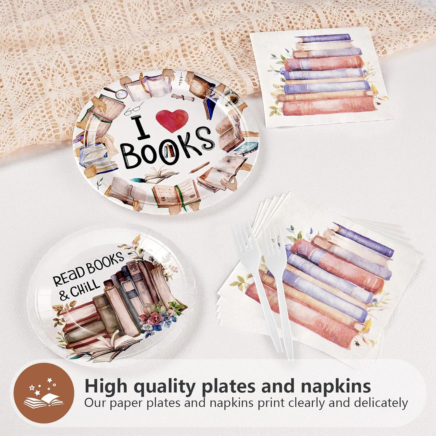 Grencian 200 Pcs Book Themed Party Decorations Book Plates and Napkins Disposable Books Club Paper Tableware Set for Books Club Library Reading Theme Birthday Party Supplies Serves 50