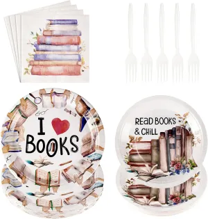 Grencian 200 Pcs Book Themed Party Decorations Book Plates and Napkins Disposable Books Club Paper Tableware Set for Books Club Library Reading Theme Birthday Party Supplies Serves 50
