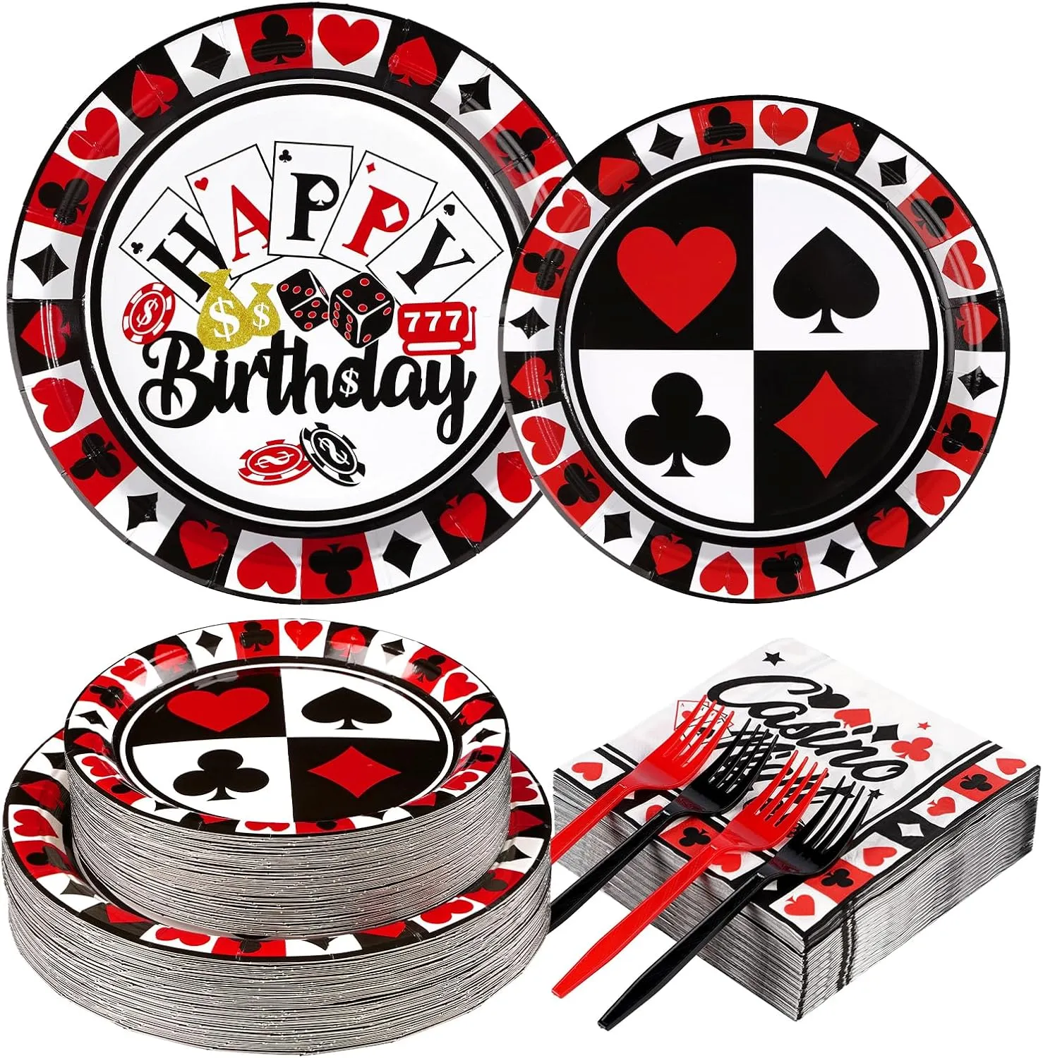 Grencian 200PCS Casino Party Decorations Poker Plates and Napkins Disposable Casino Birthday Paper Tableware Set for Las Vegas Night Poker Club Birthday Party Supplies, Serves 50