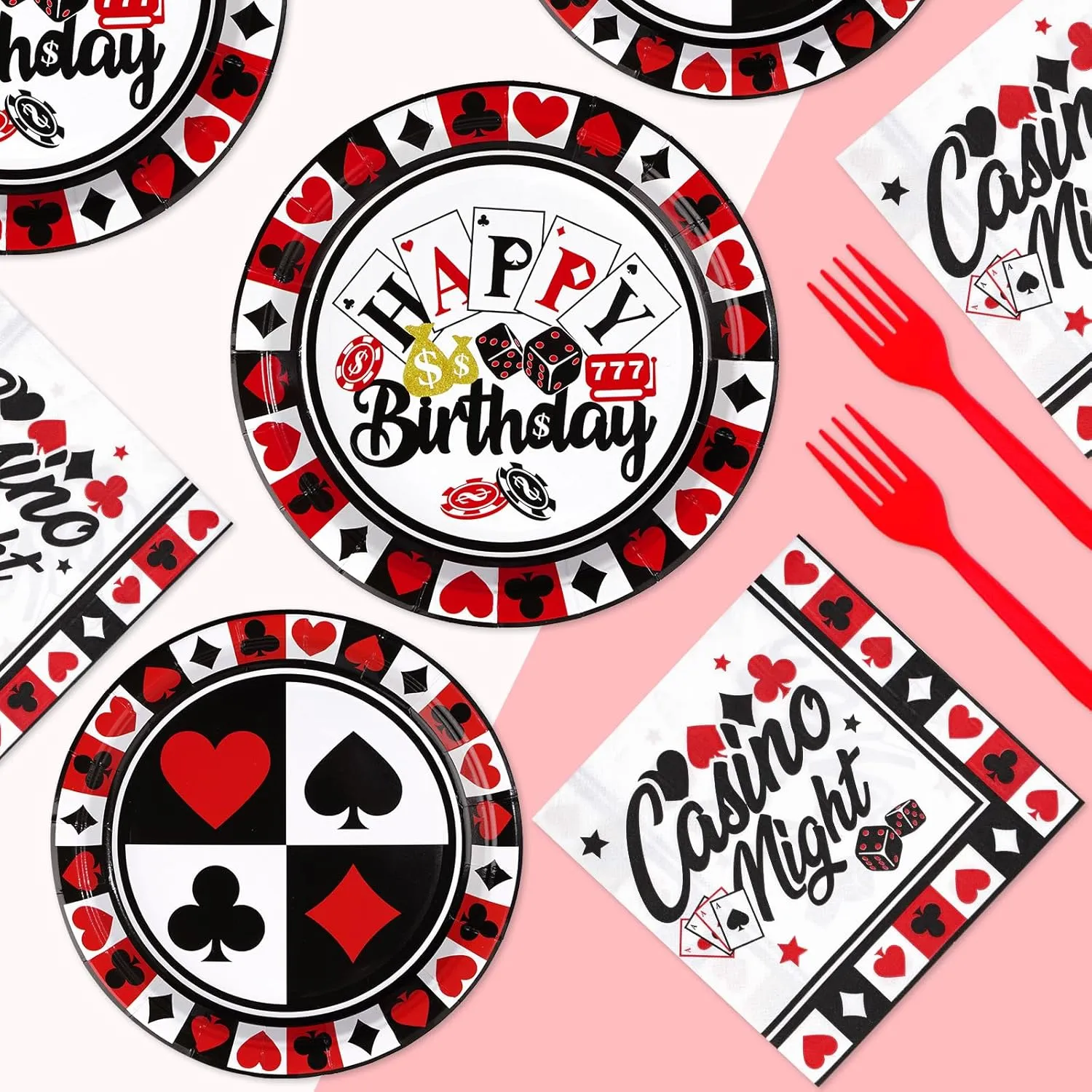 Grencian 200PCS Casino Party Decorations Poker Plates and Napkins Disposable Casino Birthday Paper Tableware Set for Las Vegas Night Poker Club Birthday Party Supplies, Serves 50