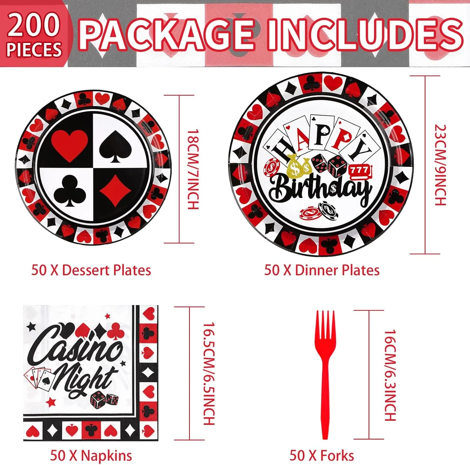 Grencian 200PCS Casino Party Decorations Poker Plates and Napkins Disposable Casino Birthday Paper Tableware Set for Las Vegas Night Poker Club Birthday Party Supplies, Serves 50