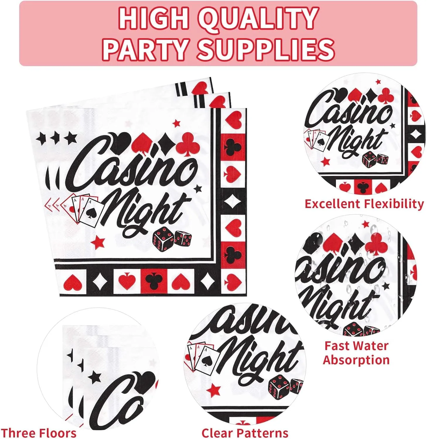 Grencian 200PCS Casino Party Decorations Poker Plates and Napkins Disposable Casino Birthday Paper Tableware Set for Las Vegas Night Poker Club Birthday Party Supplies, Serves 50