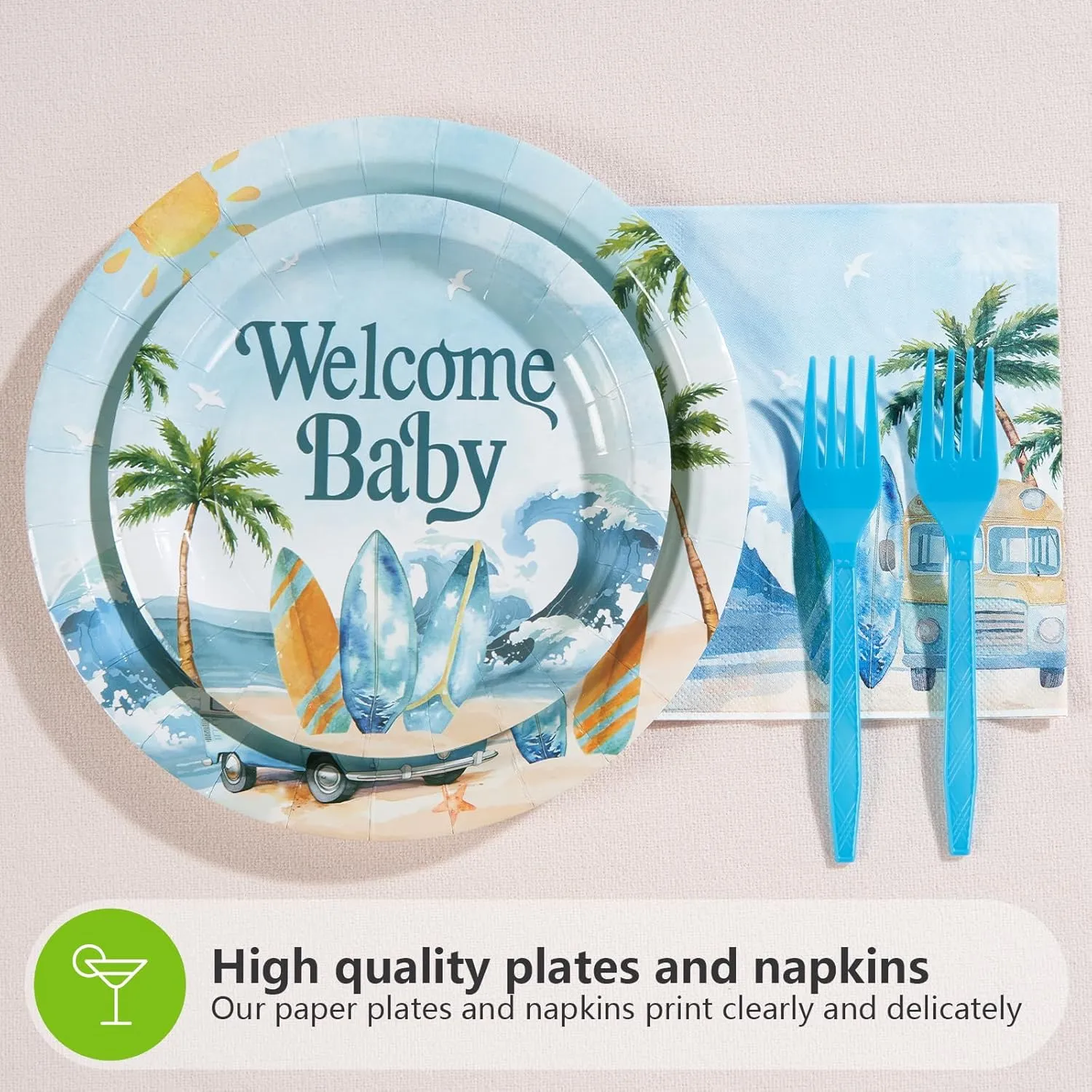 Grencian 96 Pcs Surf Baby Shower Decorations Baby On Board Shower Plates and Napkins Disposable Surfboard Tableware Set for Summer Wave Beach Surfing Party Supplies Hawaiian Birthday Decor Serves 24