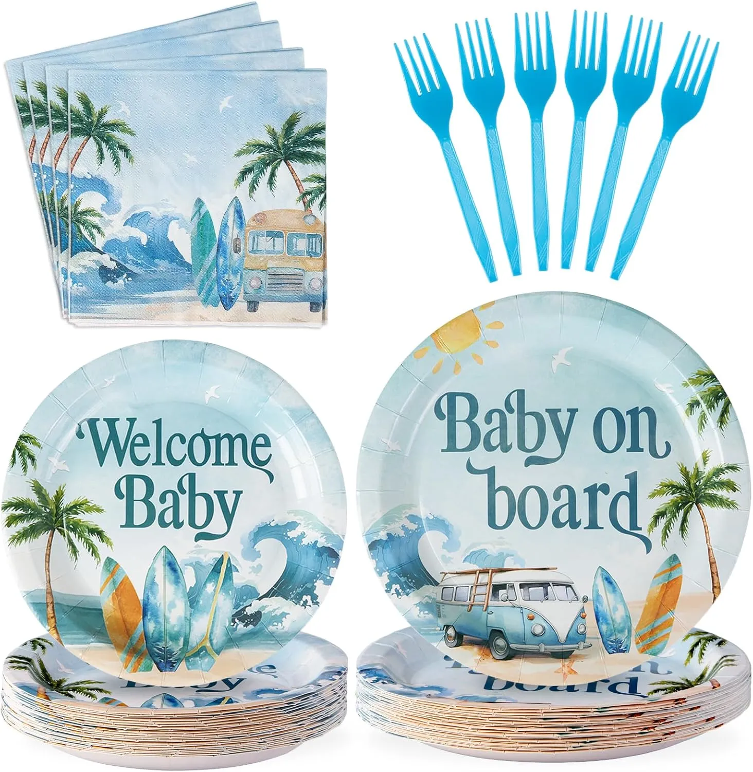 Grencian 96 Pcs Surf Baby Shower Decorations Baby On Board Shower Plates and Napkins Disposable Surfboard Tableware Set for Summer Wave Beach Surfing Party Supplies Hawaiian Birthday Decor Serves 24