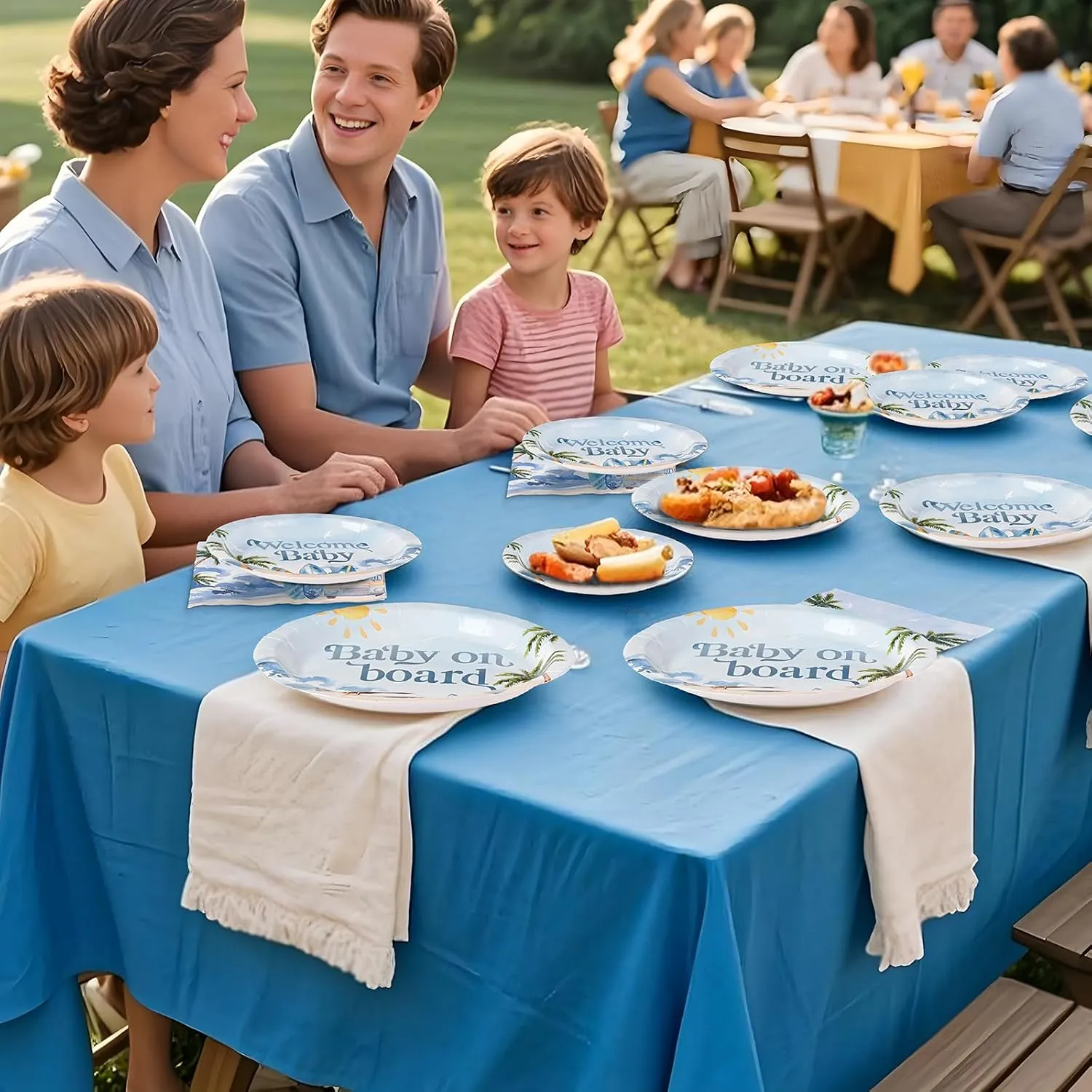 Grencian 96 Pcs Surf Baby Shower Decorations Baby On Board Shower Plates and Napkins Disposable Surfboard Tableware Set for Summer Wave Beach Surfing Party Supplies Hawaiian Birthday Decor Serves 24
