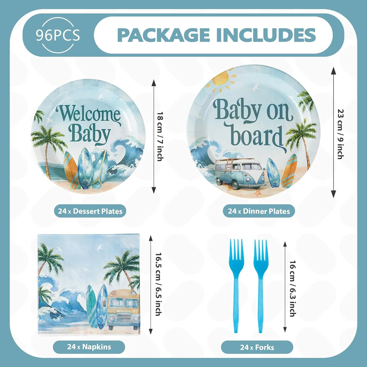 Grencian 96 Pcs Surf Baby Shower Decorations Baby On Board Shower Plates and Napkins Disposable Surfboard Tableware Set for Summer Wave Beach Surfing Party Supplies Hawaiian Birthday Decor Serves 24