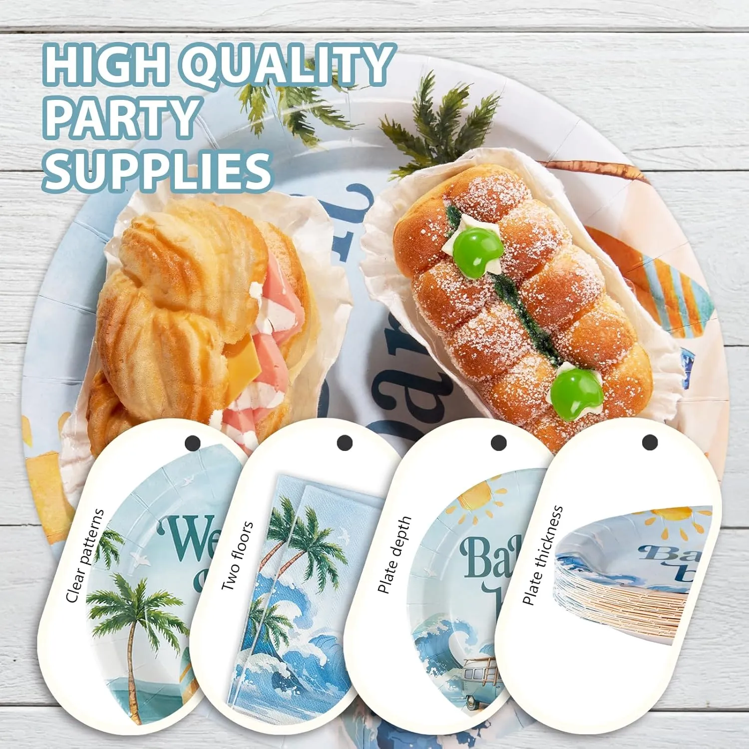 Grencian 96 Pcs Surf Baby Shower Decorations Baby On Board Shower Plates and Napkins Disposable Surfboard Tableware Set for Summer Wave Beach Surfing Party Supplies Hawaiian Birthday Decor Serves 24