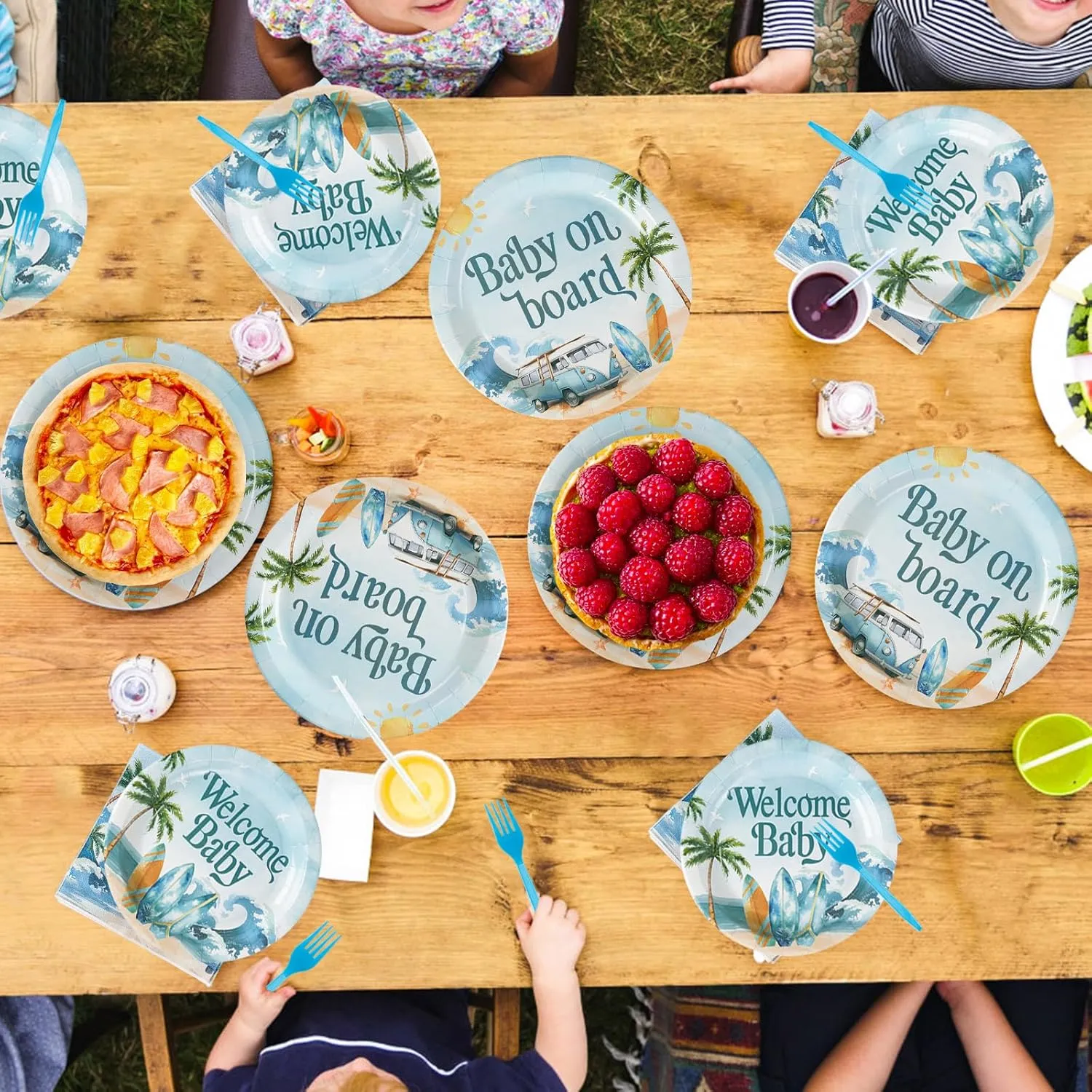 Grencian 96 Pcs Surf Baby Shower Decorations Baby On Board Shower Plates and Napkins Disposable Surfboard Tableware Set for Summer Wave Beach Surfing Party Supplies Hawaiian Birthday Decor Serves 24