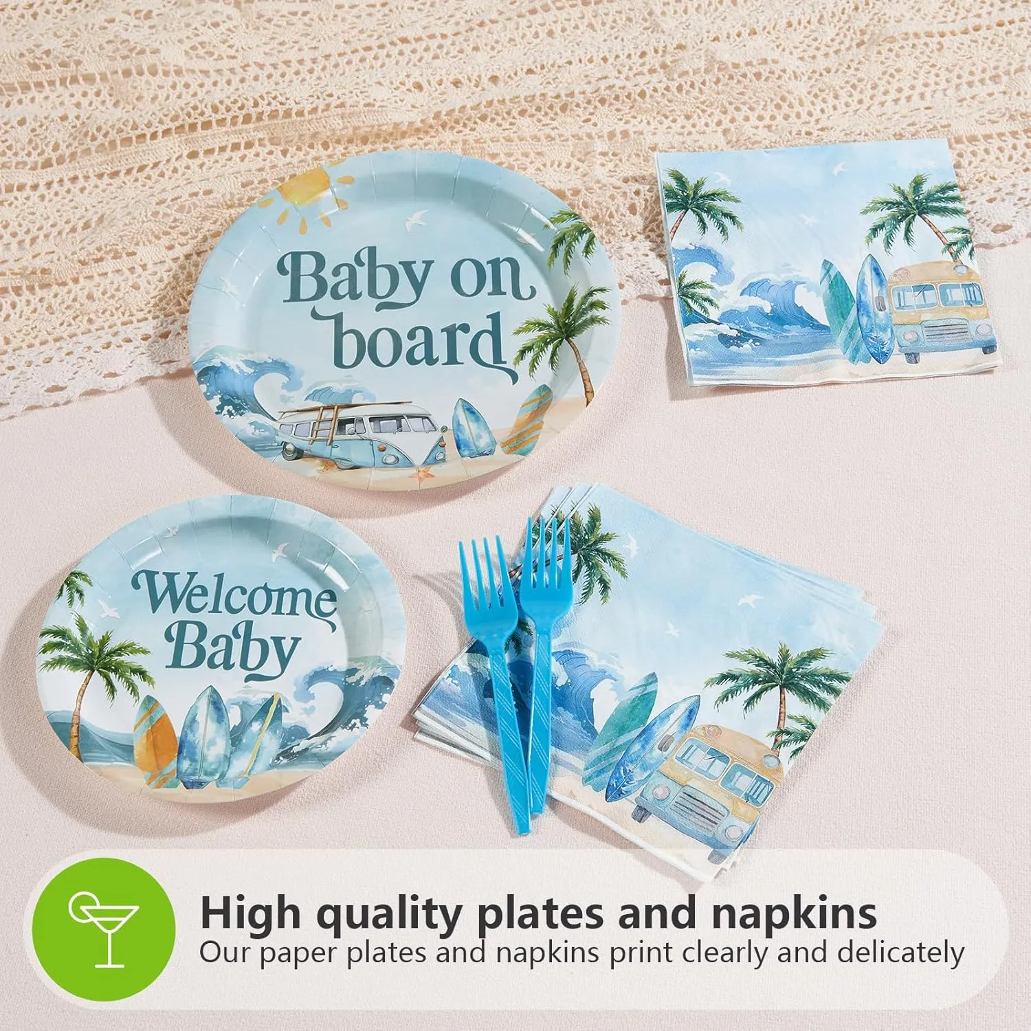 Grencian 96 Pcs Surf Baby Shower Decorations Baby On Board Shower Plates and Napkins Disposable Surfboard Tableware Set for Summer Wave Beach Surfing Party Supplies Hawaiian Birthday Decor Serves 24