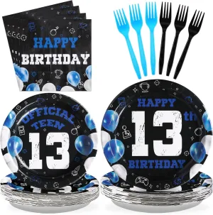 Grencian 96Pcs 13th Birthday Decorations for Boys Blue Black 13th Birthday Party Plates Disposable Official Teen 13 Tableware for Teen Boys Girls Happy 13 Year Old Party, Serves 24