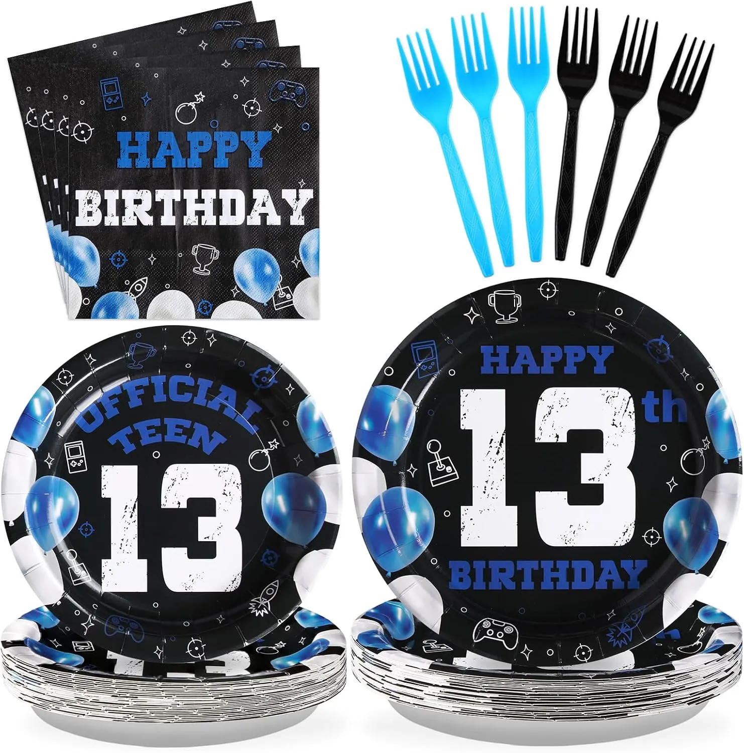 Grencian 96Pcs 13th Birthday Decorations for Boys Blue Black 13th Birthday Party Plates Disposable Official Teen 13 Tableware for Teen Boys Girls Happy 13 Year Old Party, Serves 24