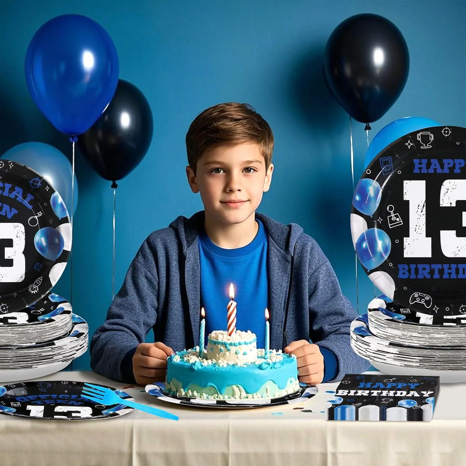 Grencian 96Pcs 13th Birthday Decorations for Boys Blue Black 13th Birthday Party Plates Disposable Official Teen 13 Tableware for Teen Boys Girls Happy 13 Year Old Party, Serves 24