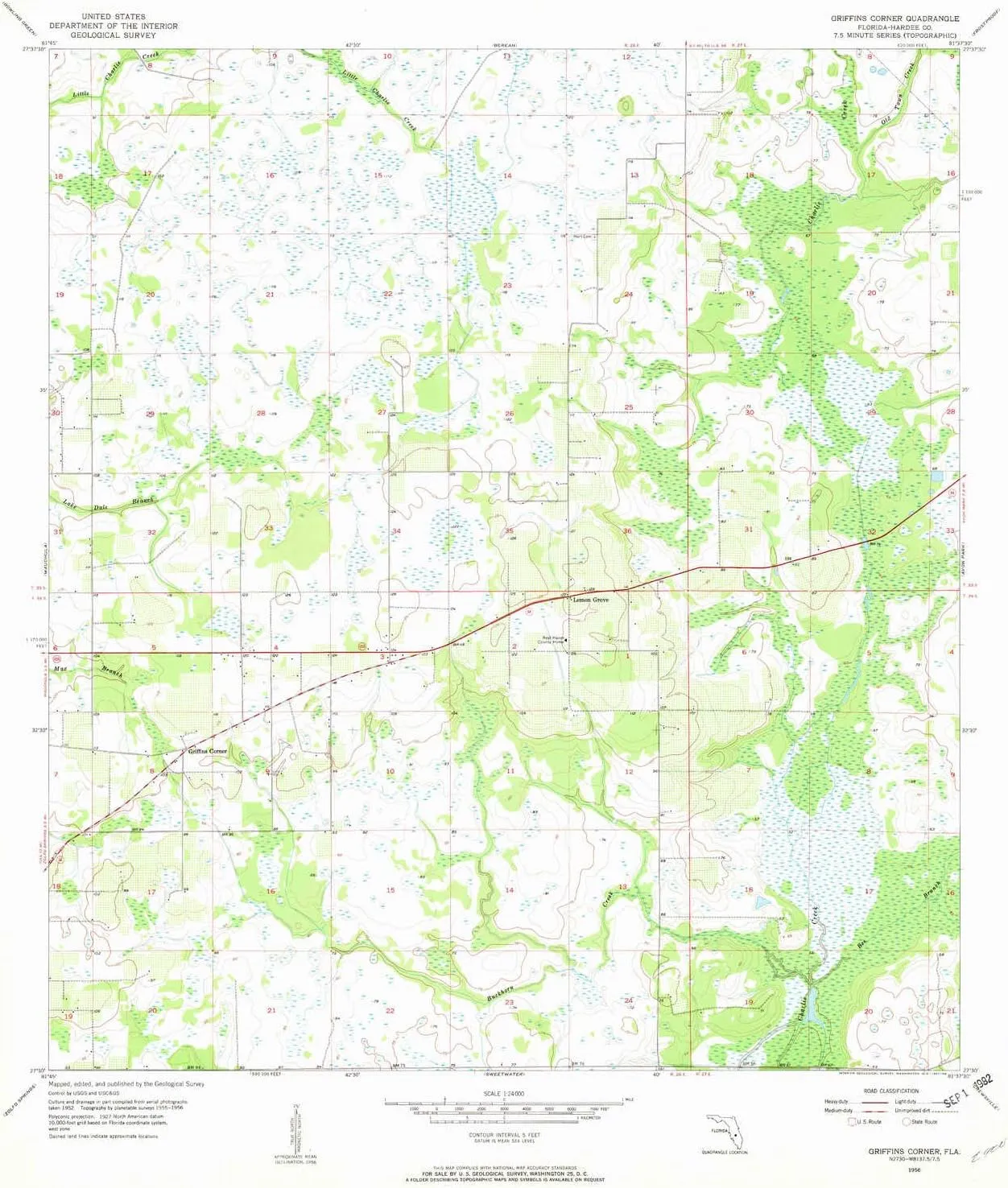 Griffins Corner FL topo map, 1:24000 Scale, 7.5 X 7.5 Minute, Historical, 1956, Updated 1957, 26.9 x 23 in