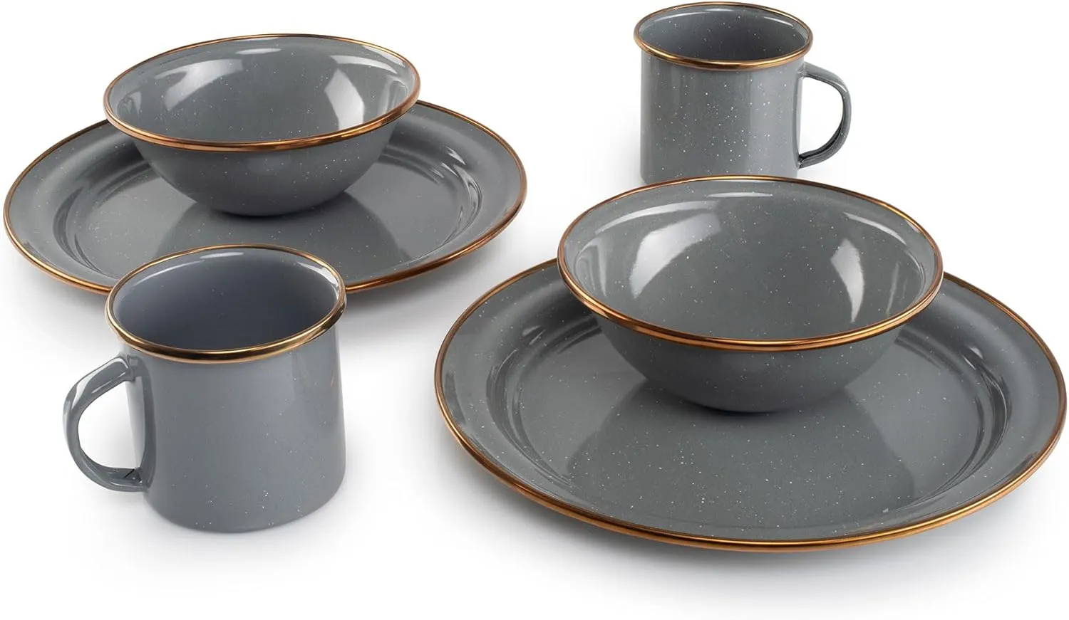GSI Outdoors Mesa 2-Person Enamelware Dining Set 6-Pieces – Earl Grey with Bronze-Finished Stainless Steel Rim, Dishwasher Safe