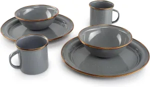 GSI Outdoors Mesa 2-Person Enamelware Dining Set 6-Pieces – Earl Grey with Bronze-Finished Stainless Steel Rim, Dishwasher Safe