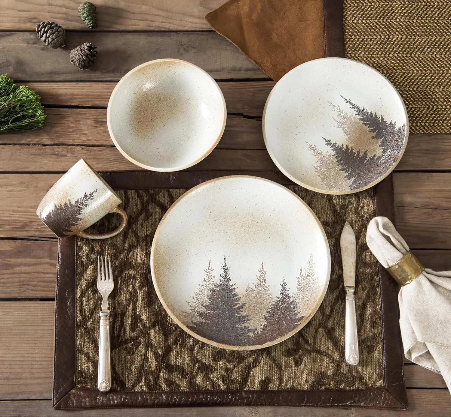 H HIEND ACCENTS Paseo Road Rustic Dinnerware Set Clearwater Pines Ceramic 16 Piece Forest Pine Tree Theme Dishware Set with Dinner Plates, Bowls, Salad Plates, Coffee Mugs, Log Cabin Dish Set for 4