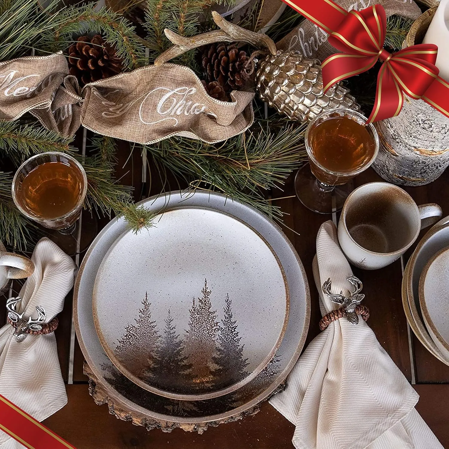 H HIEND ACCENTS Paseo Road Rustic Dinnerware Set Clearwater Pines Ceramic 16 Piece Forest Pine Tree Theme Dishware Set with Dinner Plates, Bowls, Salad Plates, Coffee Mugs, Log Cabin Dish Set for 4