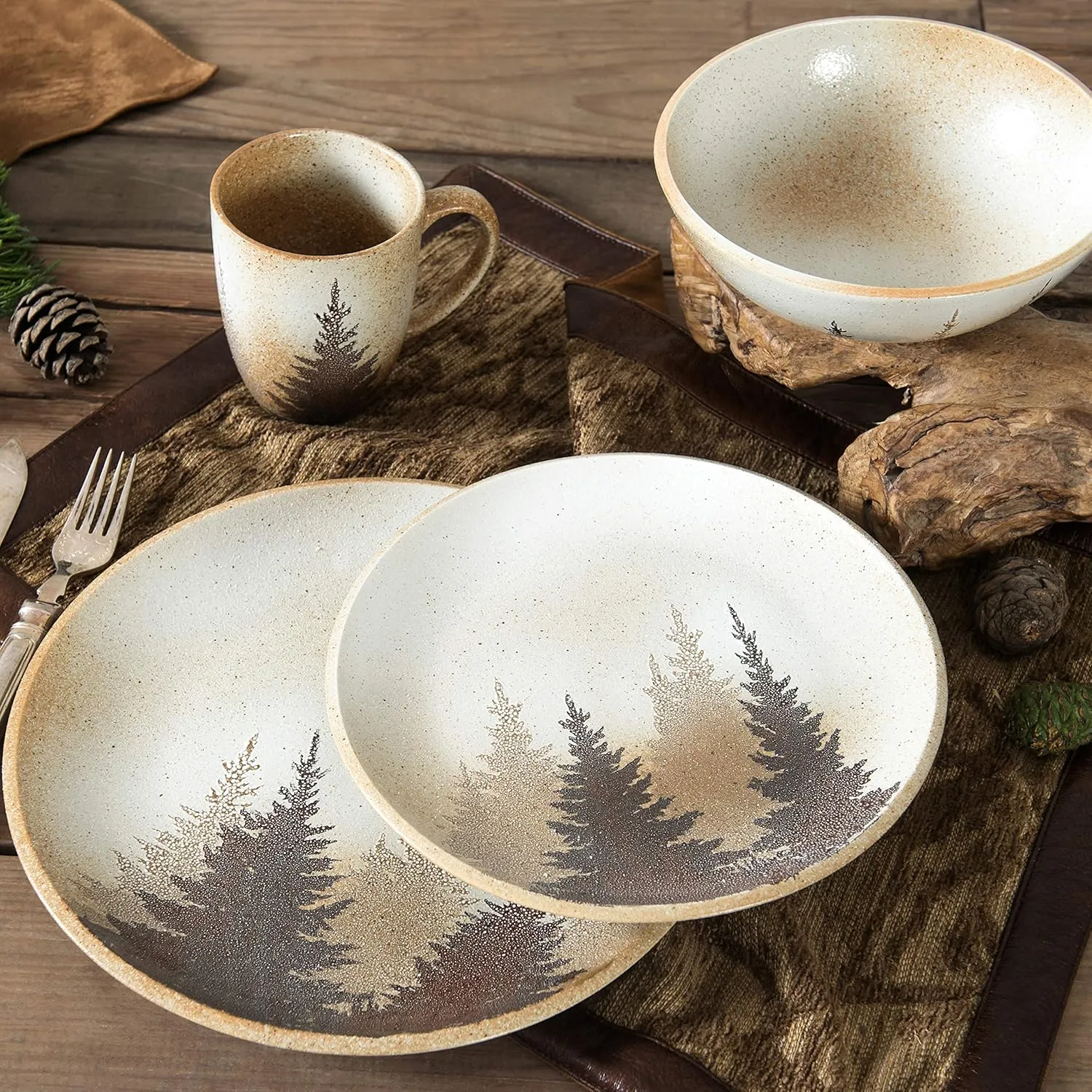 H HIEND ACCENTS Paseo Road Rustic Dinnerware Set Clearwater Pines Ceramic 16 Piece Forest Pine Tree Theme Dishware Set with Dinner Plates, Bowls, Salad Plates, Coffee Mugs, Log Cabin Dish Set for 4