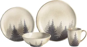 H HIEND ACCENTS Paseo Road Rustic Dinnerware Set Clearwater Pines Ceramic 16 Piece Forest Pine Tree Theme Dishware Set with Dinner Plates, Bowls, Salad Plates, Coffee Mugs, Log Cabin Dish Set for 4