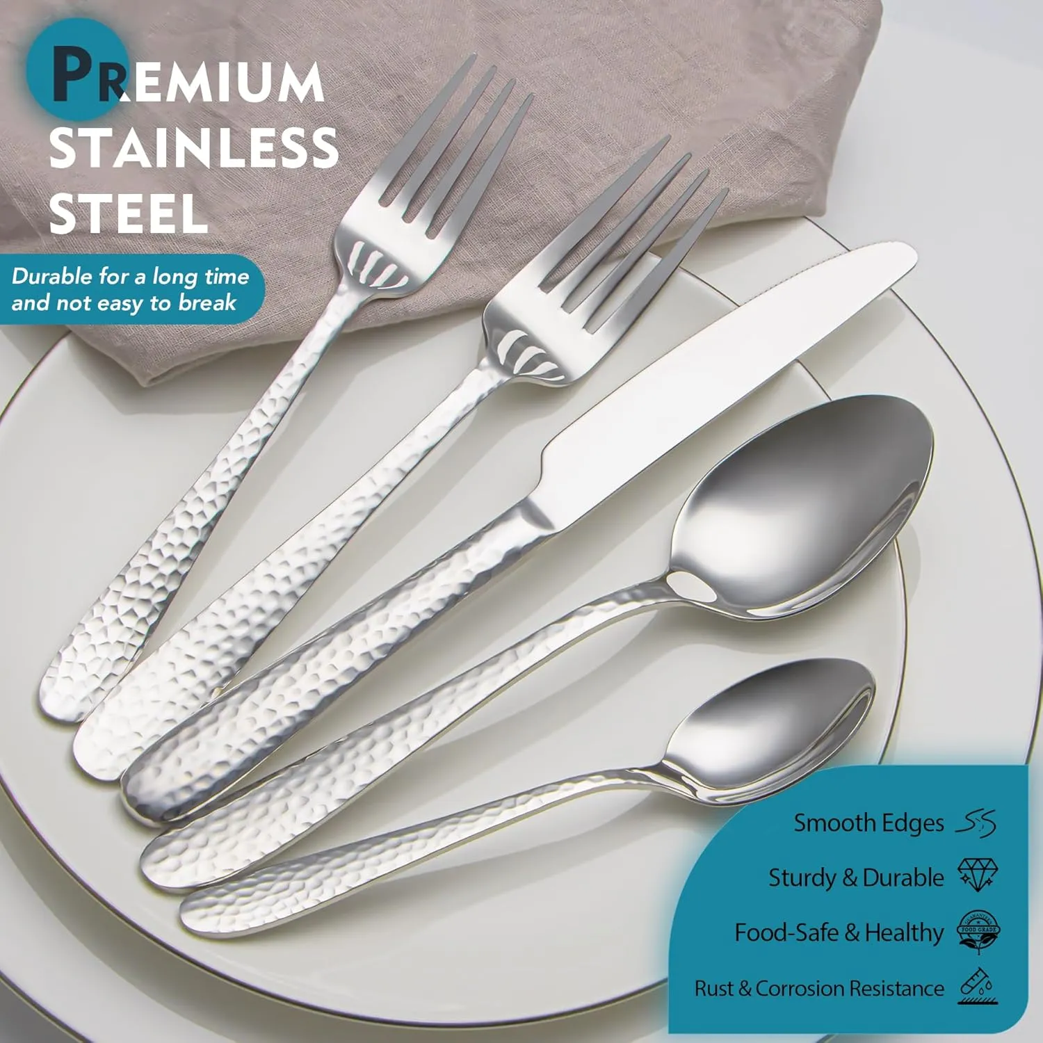 Hammered Silverware Set, EIUBUIE 40-Piece Stainless Steel Flatware Set for 8, Mirror Finish Tableware Kitchen Cutlery Sets, Durable Home Eating Utensils Sets Includes Fork Spoon Knife, Dishwasher Safe
