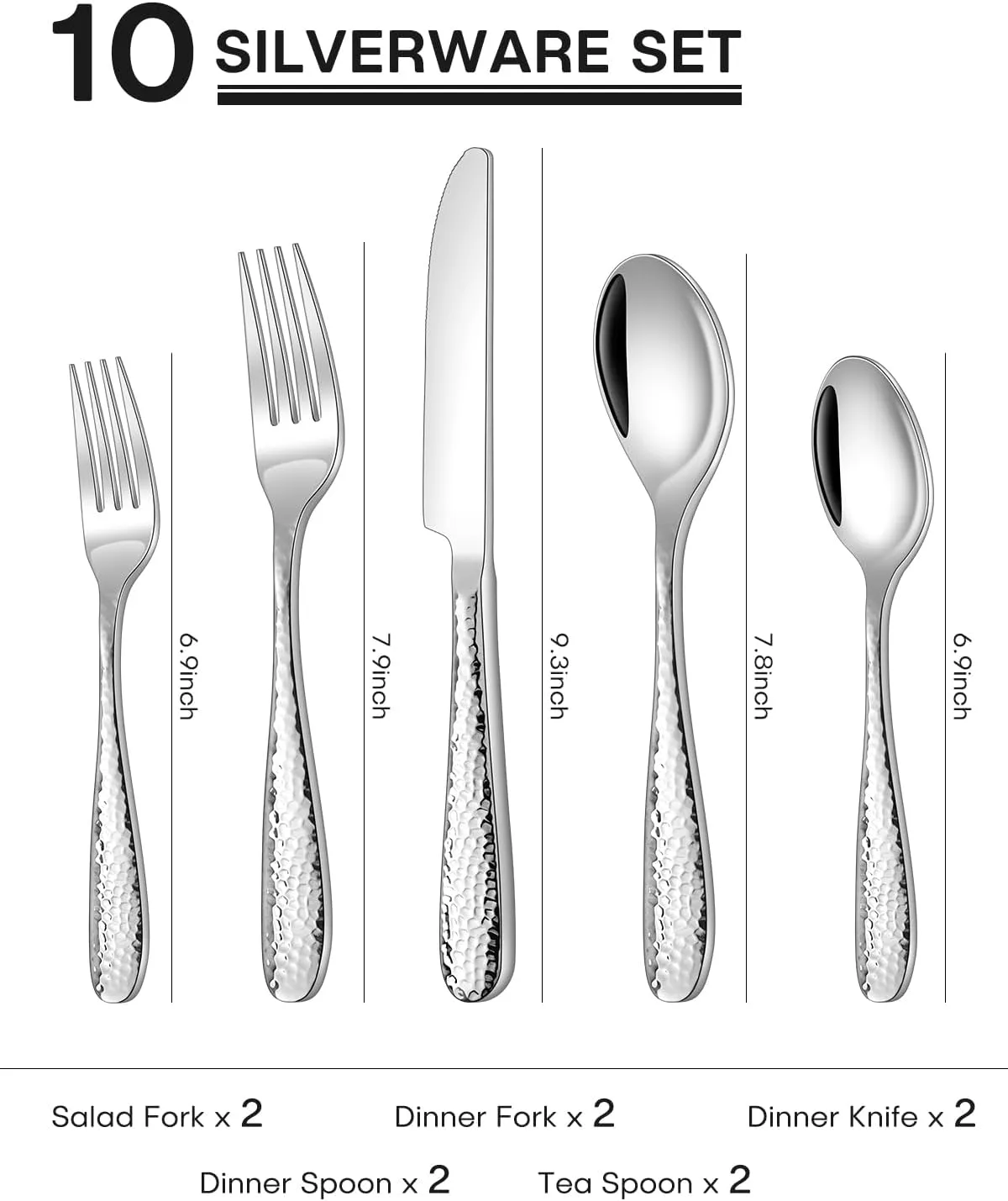 Hammered Silverware Set, Ollex 10-Piece Silver Flatware Set for 2 Mirror Finish Stainless Steel Eating Utensils Sets Include Forks Spoons and Knives Tableware Kitchen Cutlery Sets, Dishwasher Safe