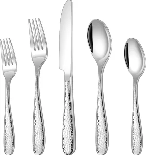 Hammered Silverware Set, Ollex 10-Piece Silver Flatware Set for 2 Mirror Finish Stainless Steel Eating Utensils Sets Include Forks Spoons and Knives Tableware Kitchen Cutlery Sets, Dishwasher Safe