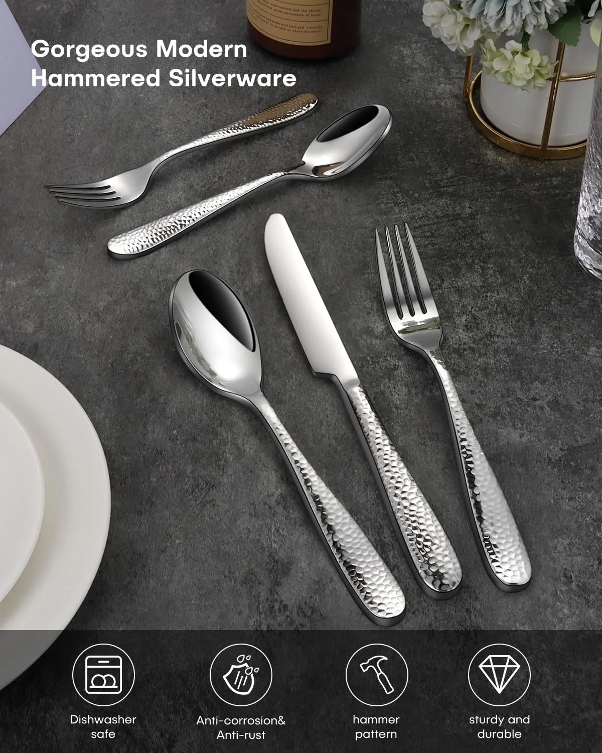 Hammered Silverware Set, Ollex 10-Piece Silver Flatware Set for 2 Mirror Finish Stainless Steel Eating Utensils Sets Include Forks Spoons and Knives Tableware Kitchen Cutlery Sets, Dishwasher Safe