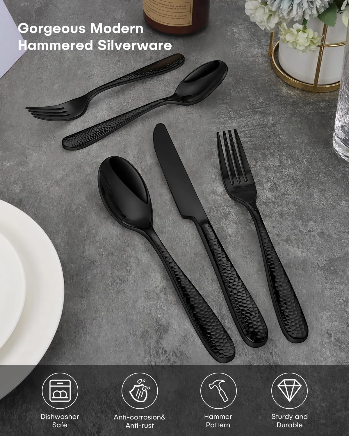 Hammered Silverware Set, Ollex 30PCS Black Flatware Set for 6 Mirror Finish Stainless Steel Eating Utensils Sets Include Forks Spoons and Knives Tableware Kitchen Cutlery Sets, Dishwasher Safe