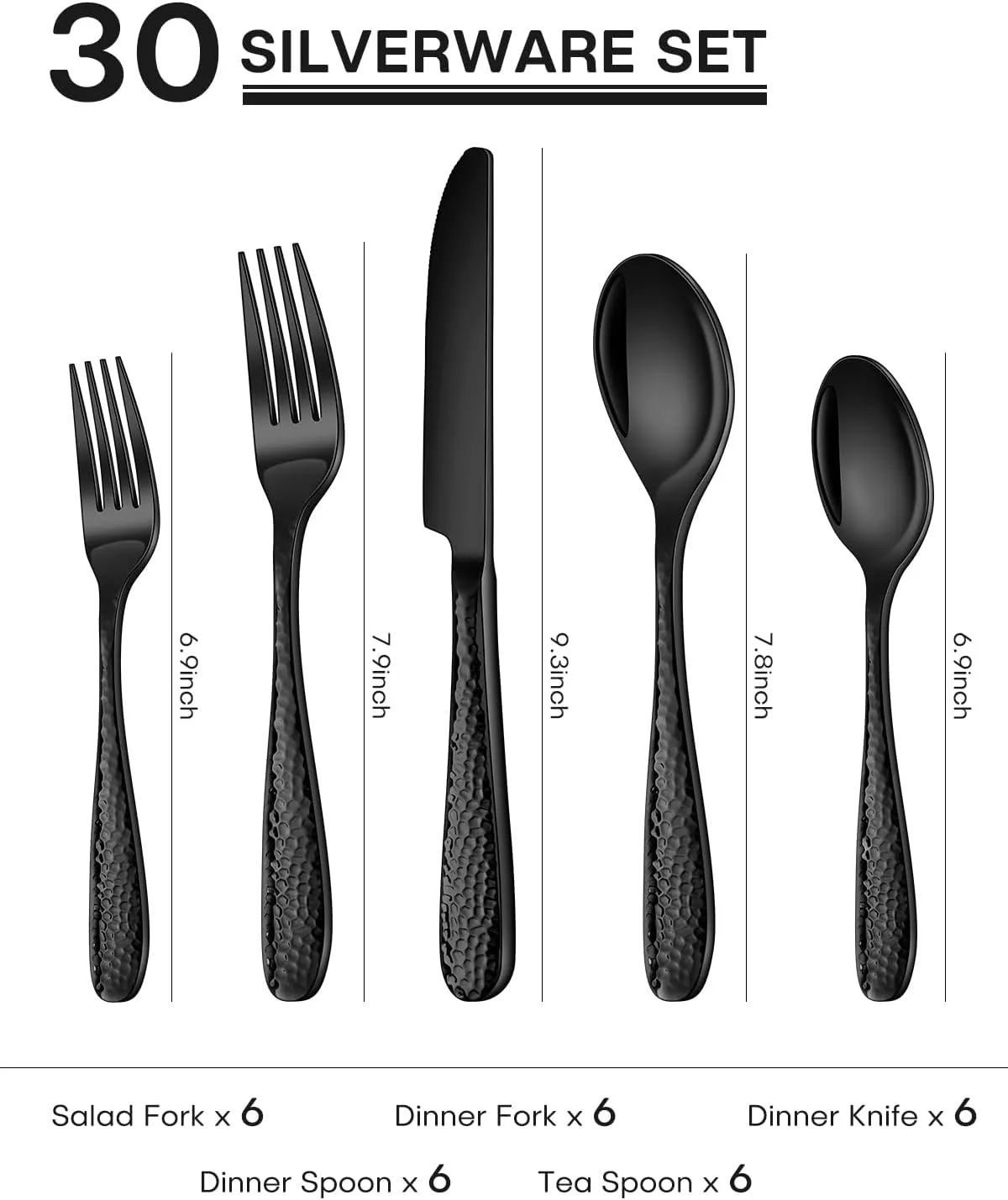 Hammered Silverware Set, Ollex 30PCS Black Flatware Set for 6 Mirror Finish Stainless Steel Eating Utensils Sets Include Forks Spoons and Knives Tableware Kitchen Cutlery Sets, Dishwasher Safe