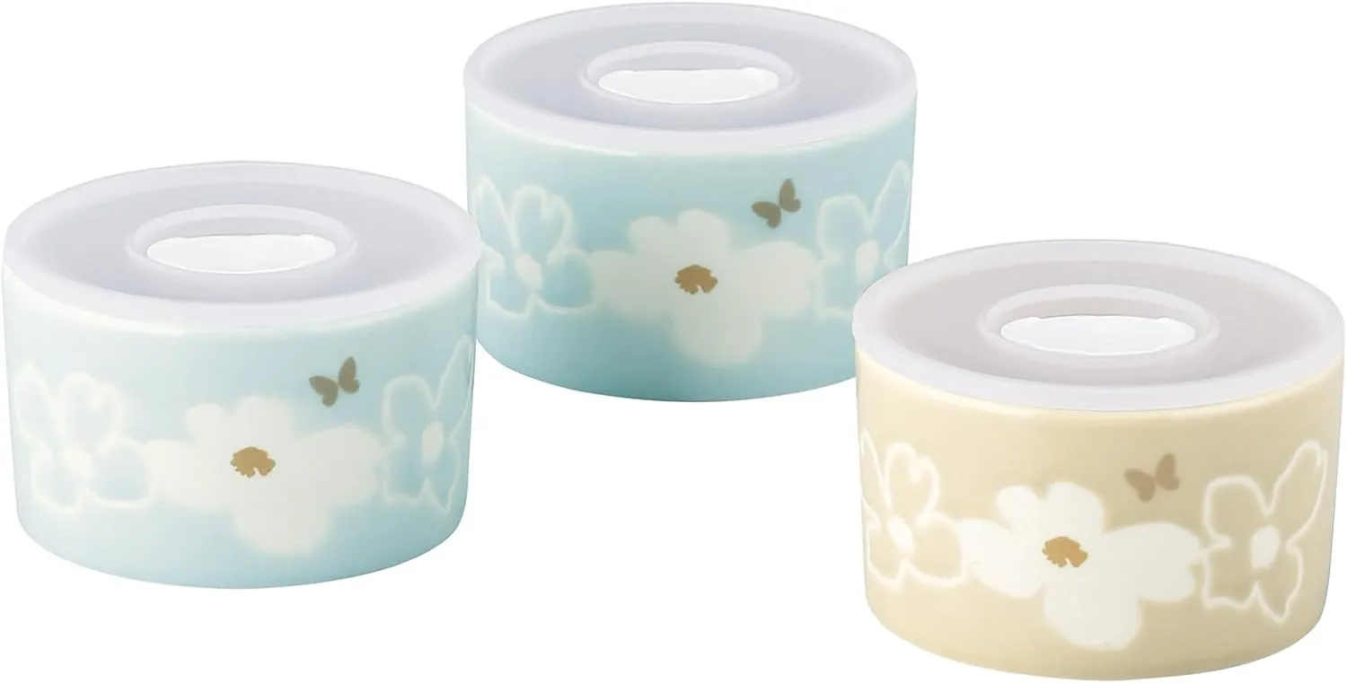 Hanae Mori MB6500-82-S3 Range Pack, Storage Container, Canister, 3-piece Set (Diameter x Depth 2.4 inches (10 x 6 cm), Fleur, Floral, Dishwasher Safe, Microwave Safe, Tableware, Gift, Wedding Gift,